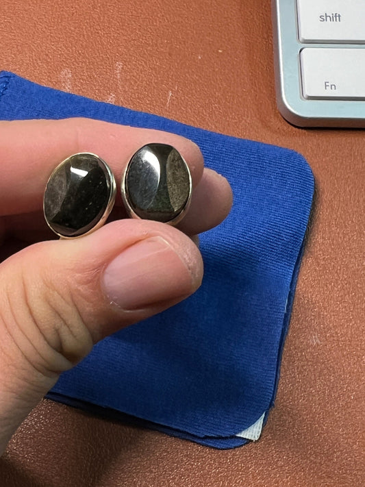 Sterling Gold-Obsidian Clip On Earrings, Vintage Condition (#6)