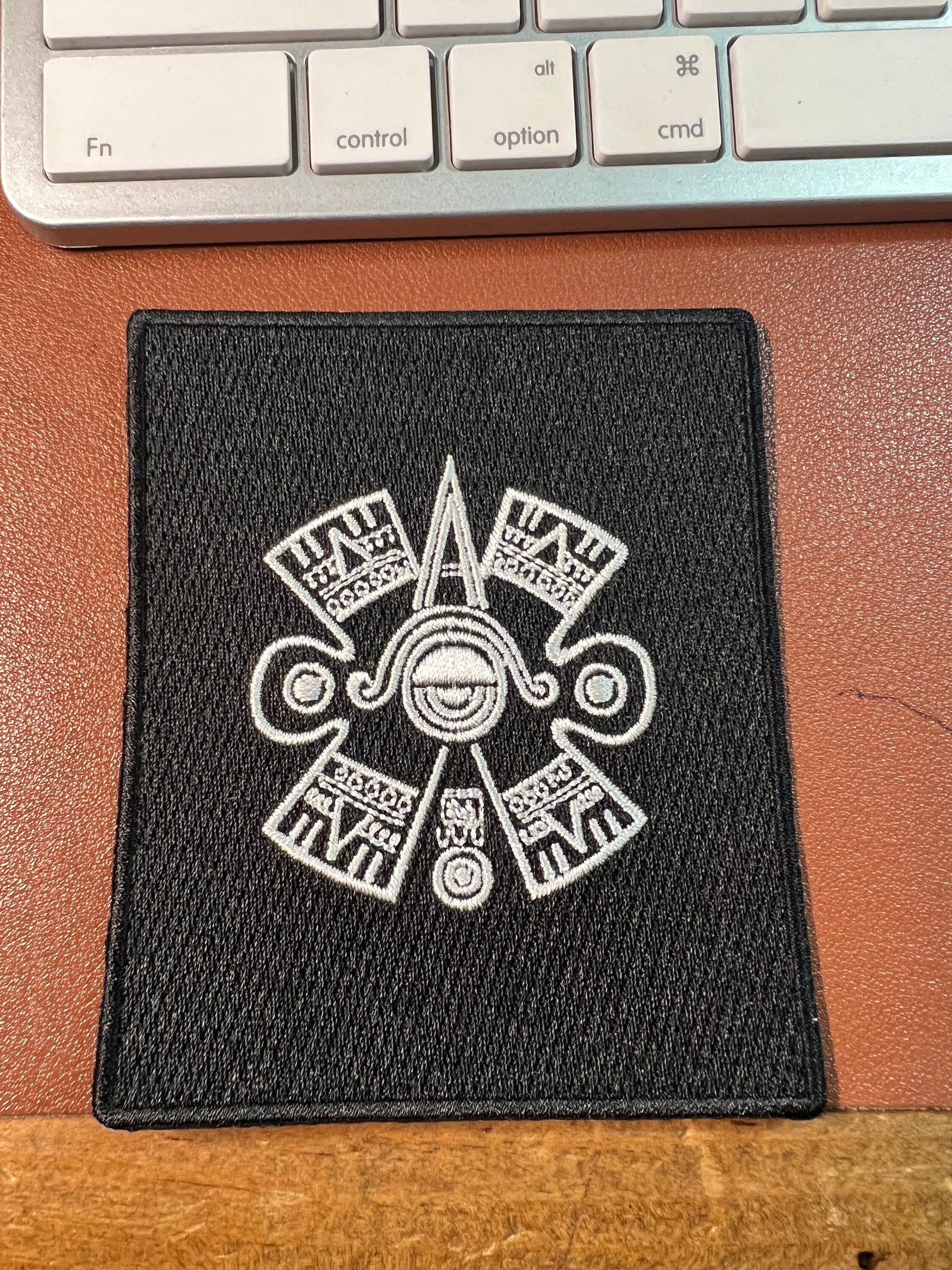 Nahui Olin Patch, Aztec Movement Sign, Iron On, Black and Silver 4&quot; x 3 1/4&quot;, (#13)