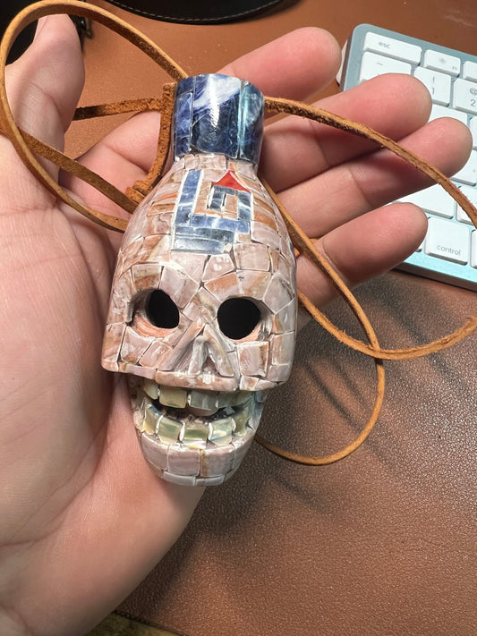 Rare Skull G Shield Design Aztec Death Whistle Embellished with Stone Tiles from Teotihucan Mexico (death whistles)