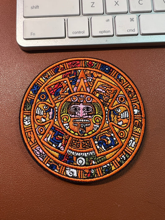 Aztec Calendar Embroidered Orange Velcro Sew On Only, 3 1/2 in. Azteca Mexica Mexico, Indigenous Patches (#1)