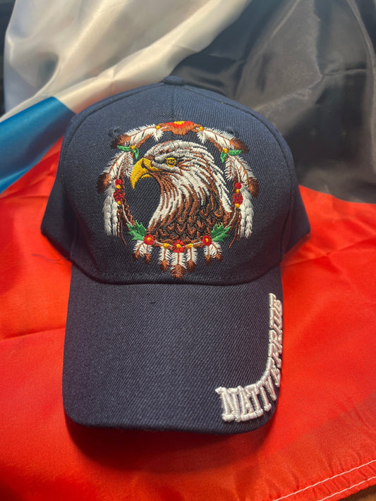 Native Pride Cap, Featuring the Eagle and Ring of Feathers, Navy Blue (One Size Fits Most) velcro adjustable strap