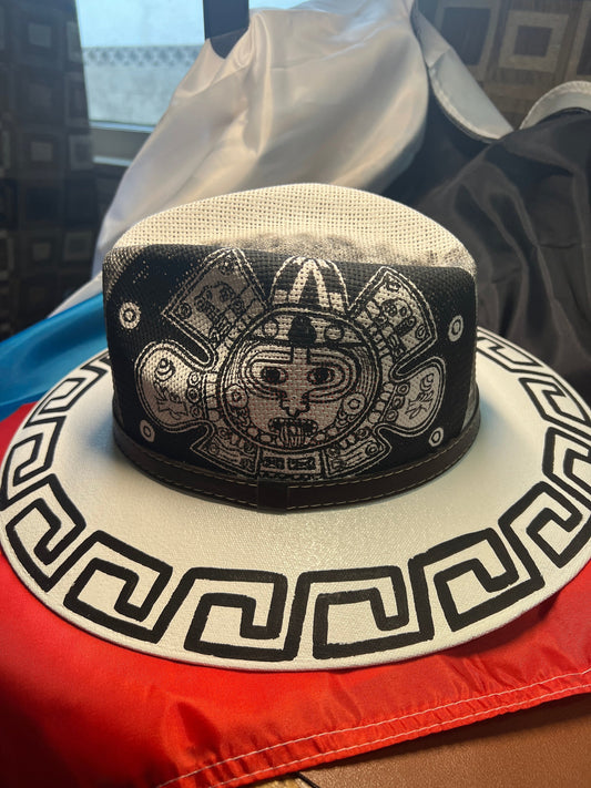 Aztec Mayan Cancun Beach Hat, White Hat, Hand Painted, Mexico, Men&#39;s size Medium (hat size 7)