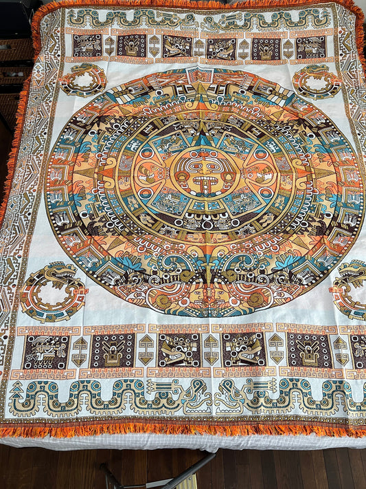 Aztec Calendar Altar Table Cover, Dia De Muertos, Mexica, Bed Spread, Day of the Dead, 6 feet, Sacrificial Altar Cover