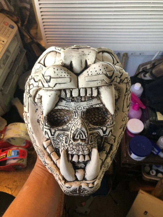 Jaguar Skull Warrior Mayan or Aztec Statue, Mexica Warrior, 8" x 8", Bone & Resin, Light Weight Cast