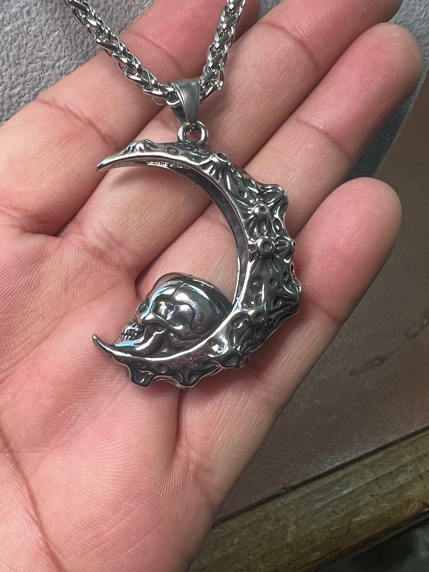 Skull In The Moon Necklace, Alloy, Fantasy, Gothic, Spiritual, 24" long chain, Magic, Crest Lunar Luna #3