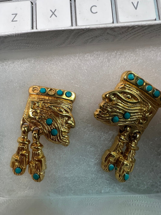 Aztec or Mayan style Earrings by Salvador Teran for Marbel SA Mexico, gold plated Clip-On (#1)