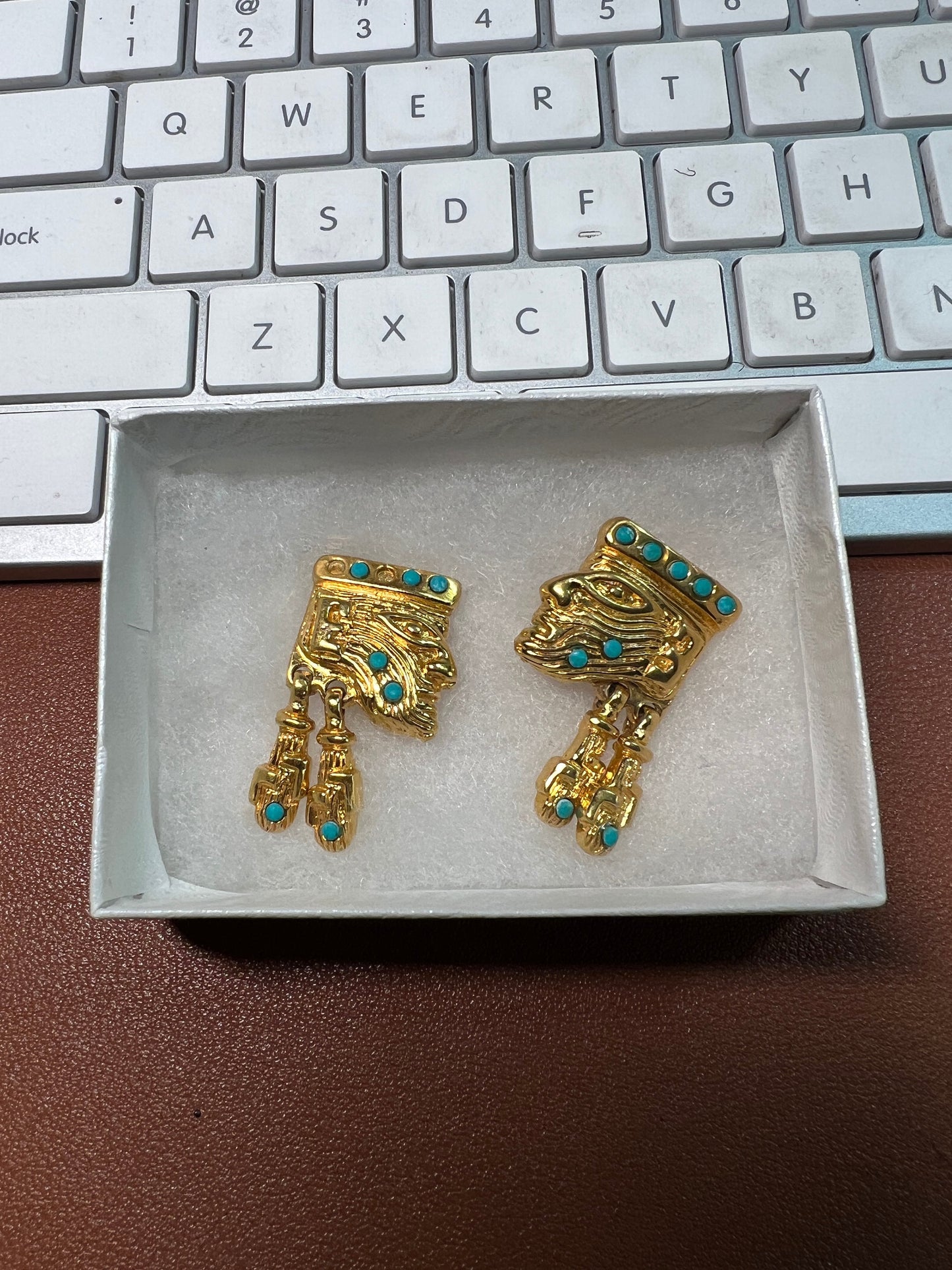 Aztec or Mayan style Earrings by Salvador Teran for Marbel SA Mexico, gold plated Clip-On (#1)