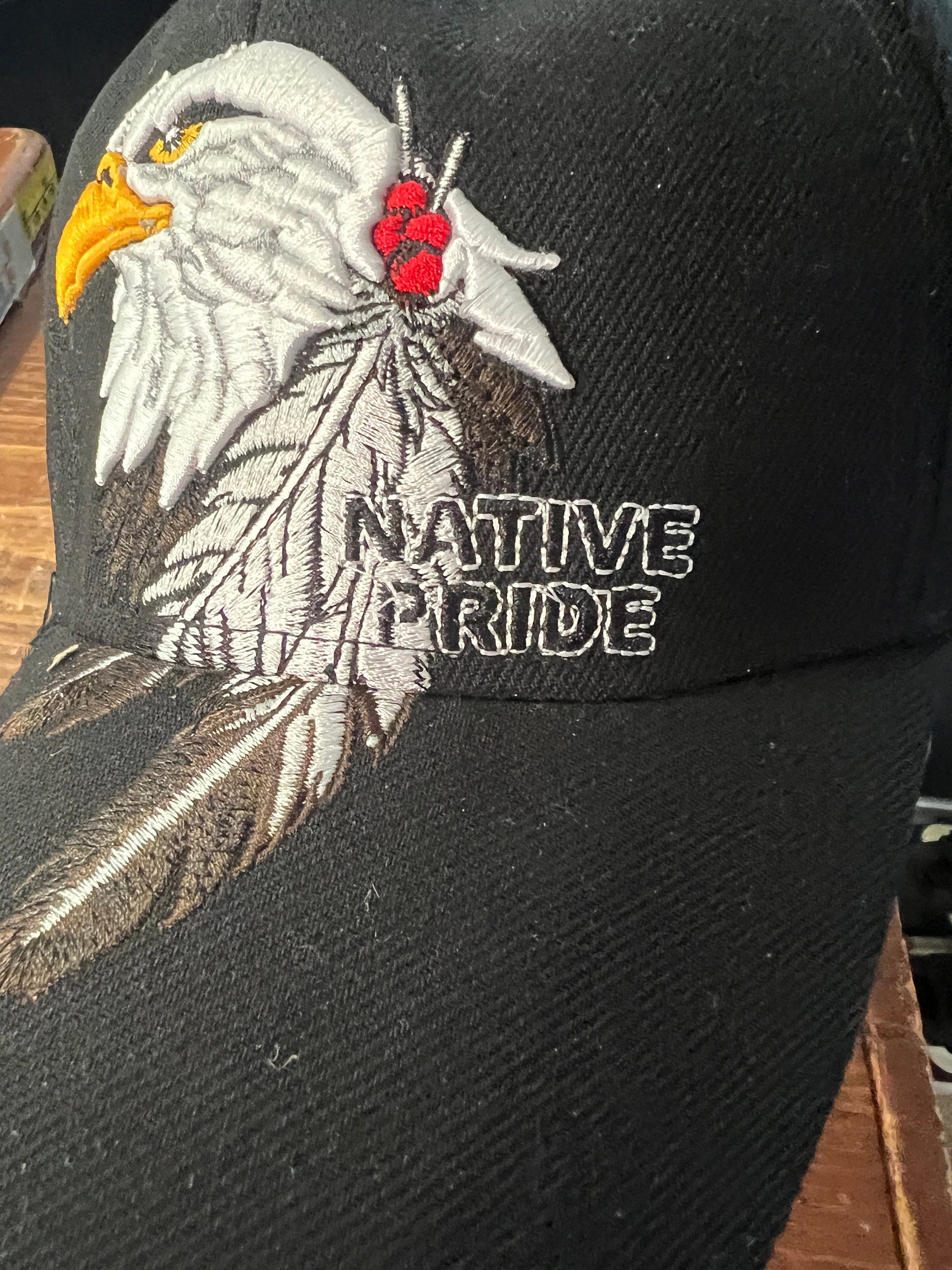 Native Pride Cap, Featuring the Eagle and Two Feathers, Embroidered, Black Silhouette, Black (One Size Fits Most) velcro adjustable strap