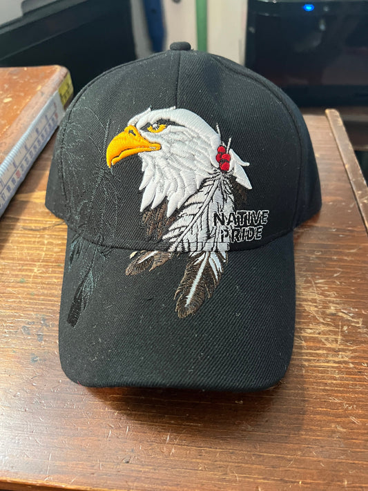 Native Pride Cap, Featuring the Eagle and Two Feathers, Embroidered, Black Silhouette, Black (One Size Fits Most) velcro adjustable strap