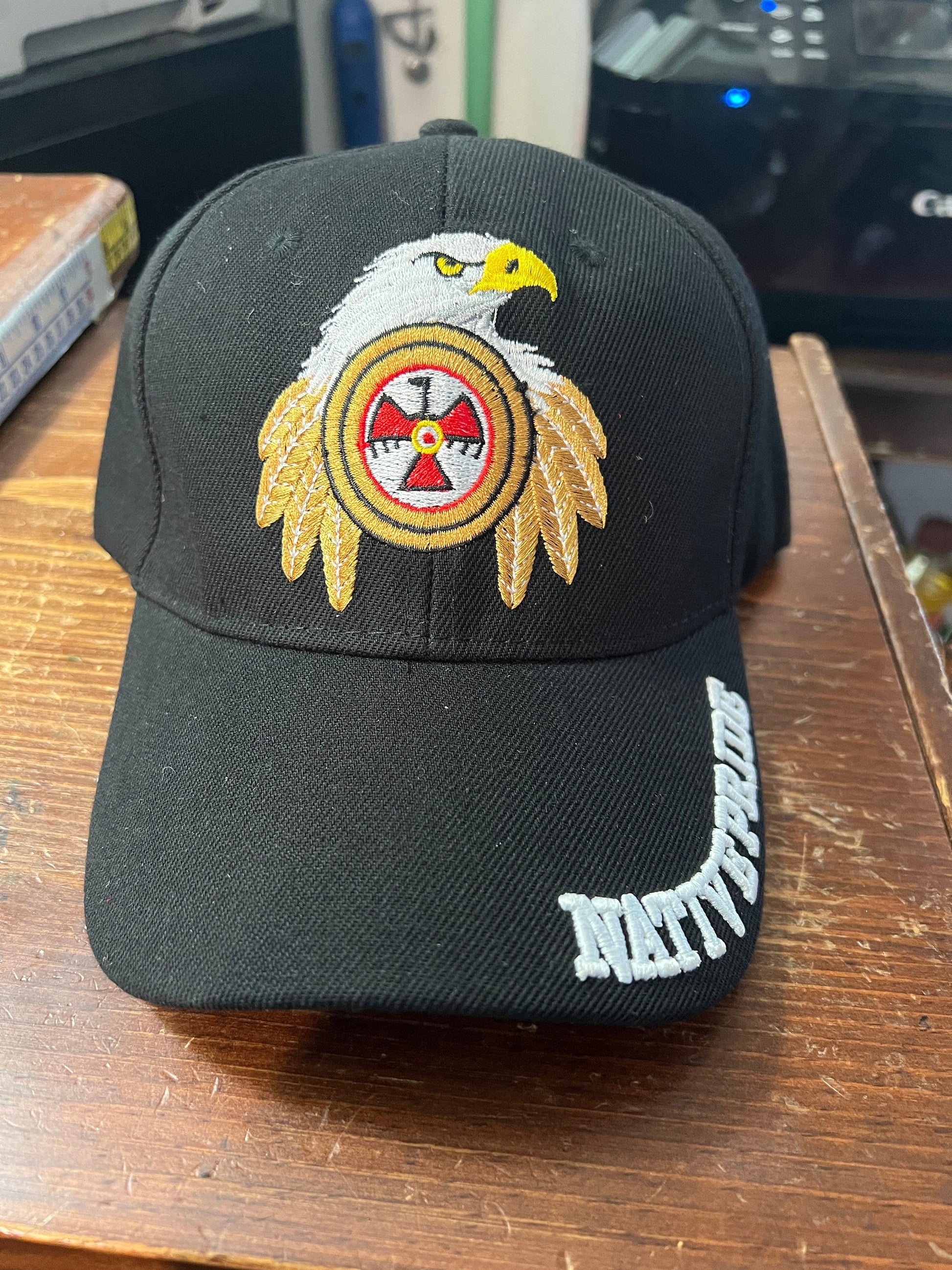 Native Pride Cap, Featuring Eagle Golden Feather Native American Symbol, Embroidered, Black (One Size Fits Most) velcro adjustable strap