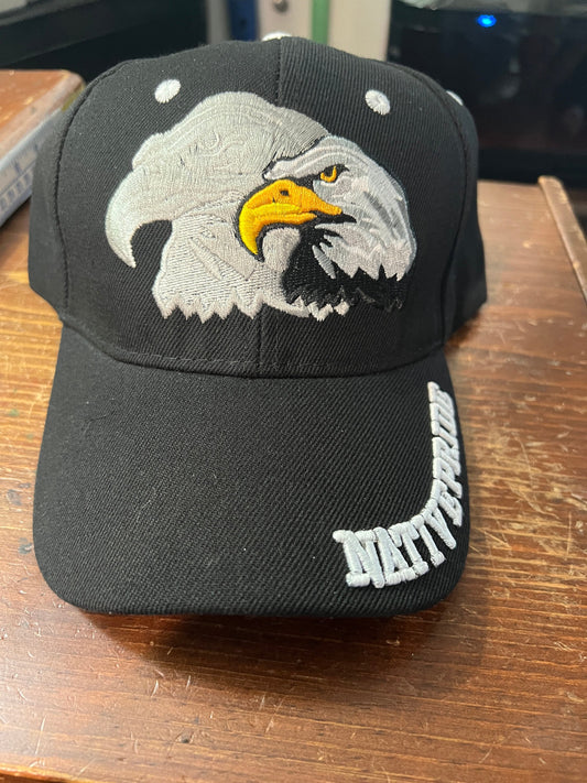 Native Pride Cap, Featuring Bald Eagle and Silver Silhouette, Embroidered, Black (One Size Fits Most) velcro adjustable strap