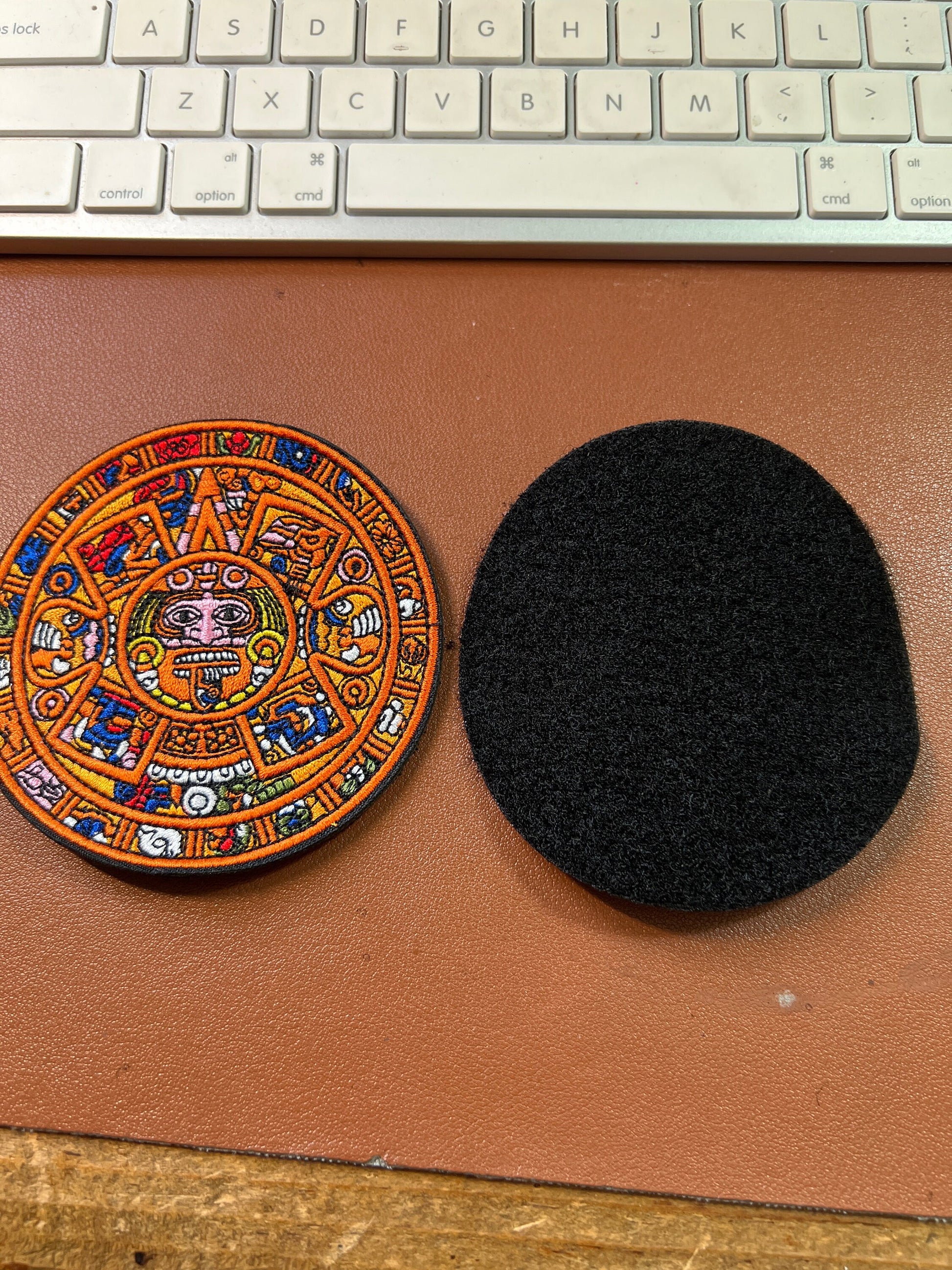 Aztec Calendar Embroidered Orange Velcro Sew On Only, 3 1/2 in. Azteca Mexica Mexico, Indigenous Patches (#1)