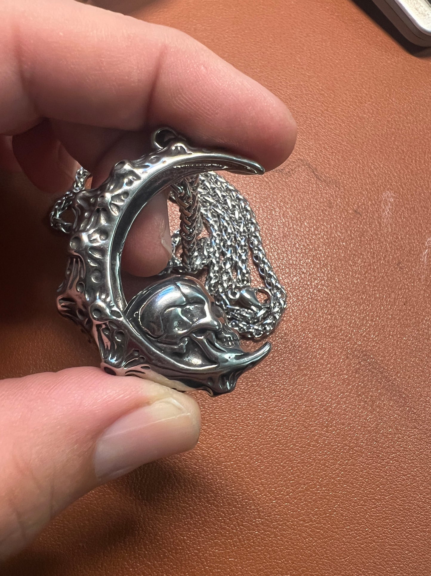 Skull In The Moon Necklace, Alloy, Fantasy, Gothic, Spiritual, 24" long chain, Magic, Crest Lunar Luna #3