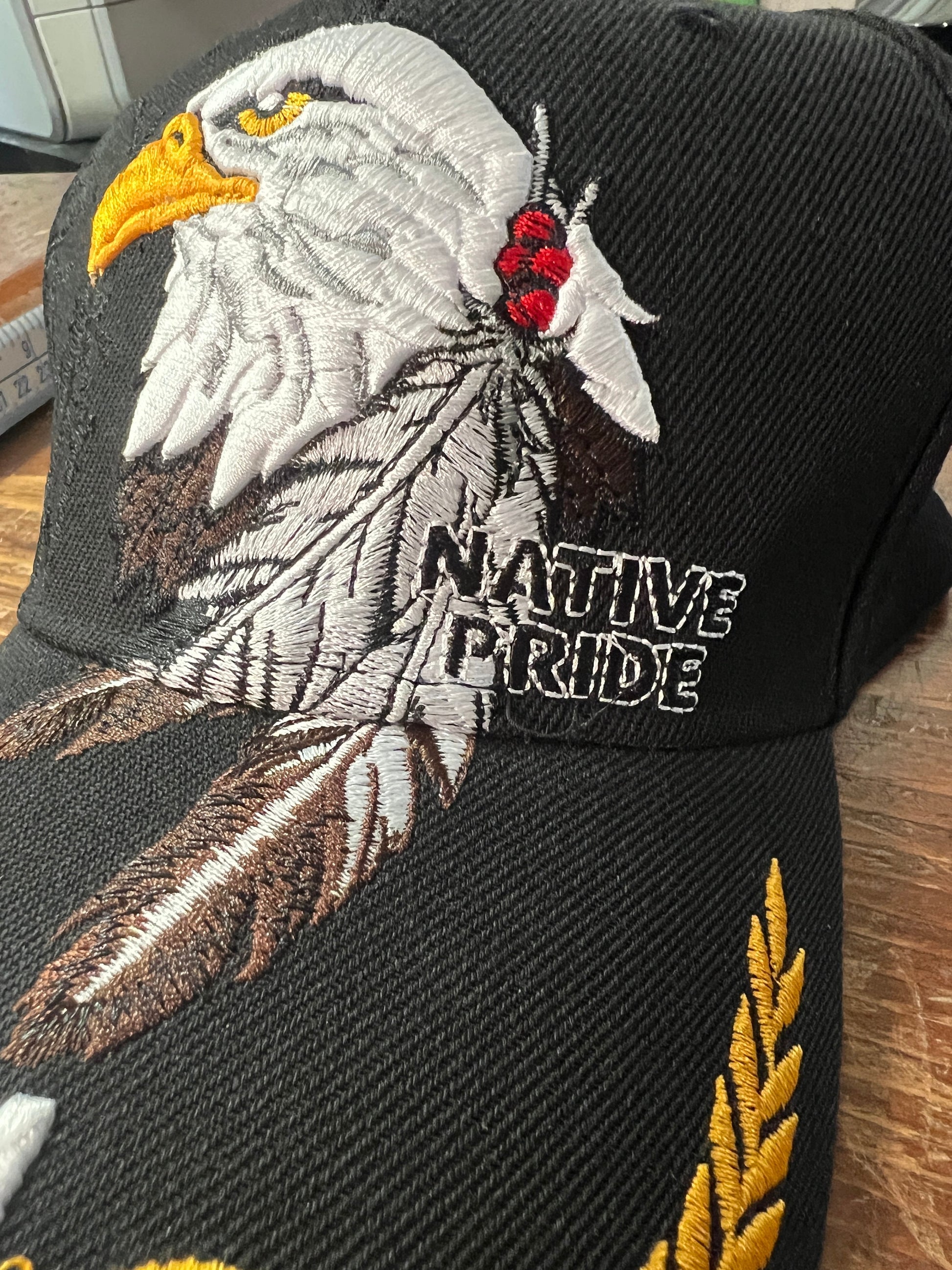 Native Pride Cap USA, Featuring Eagle and Two Feathers, Embroidered, Black, Aviation Gold Leaf (One Size Fits Most) velcro adjustable strap