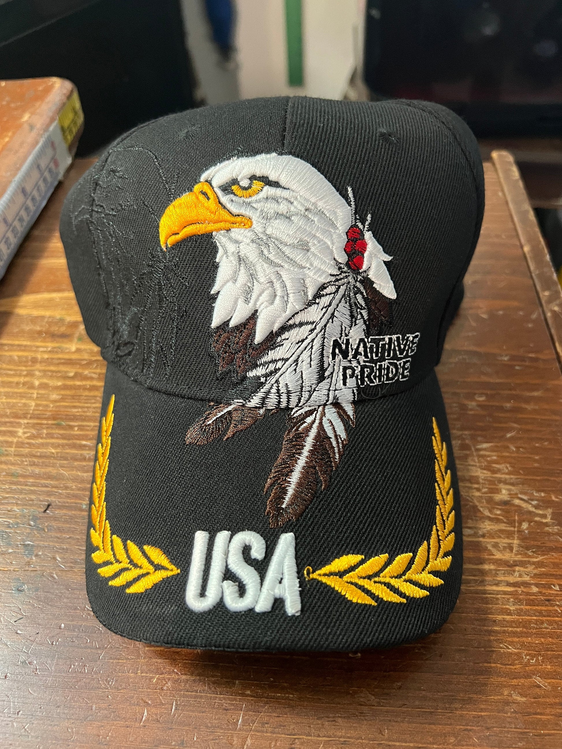 Native Pride Cap USA, Featuring Eagle and Two Feathers, Embroidered, Black, Aviation Gold Leaf (One Size Fits Most) velcro adjustable strap