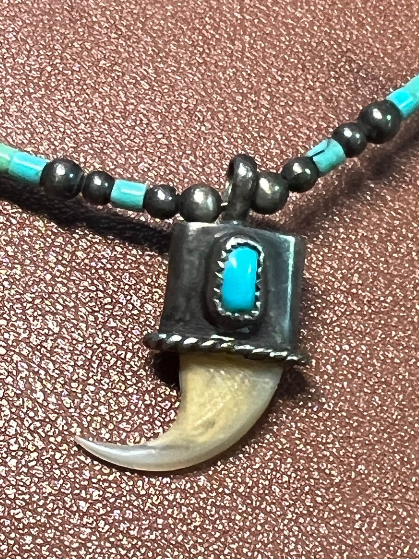 Native American Heishi Beaded Necklace with Claw, Turquoise, Sterling Silver, 19", Vintage (#6)