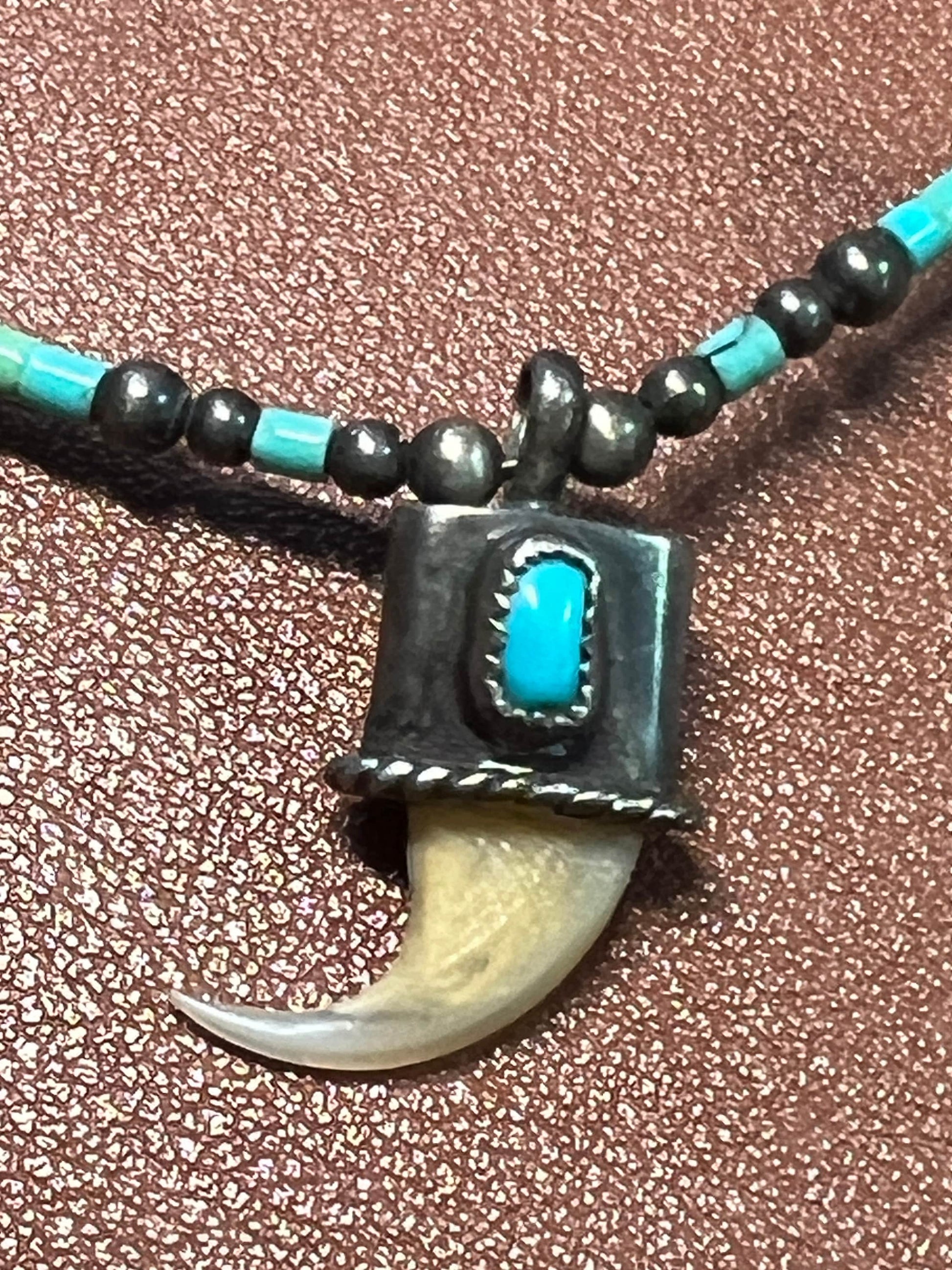 Native American Heishi Beaded Necklace with Claw, Turquoise, Sterling Silver, 19", Vintage (#6)