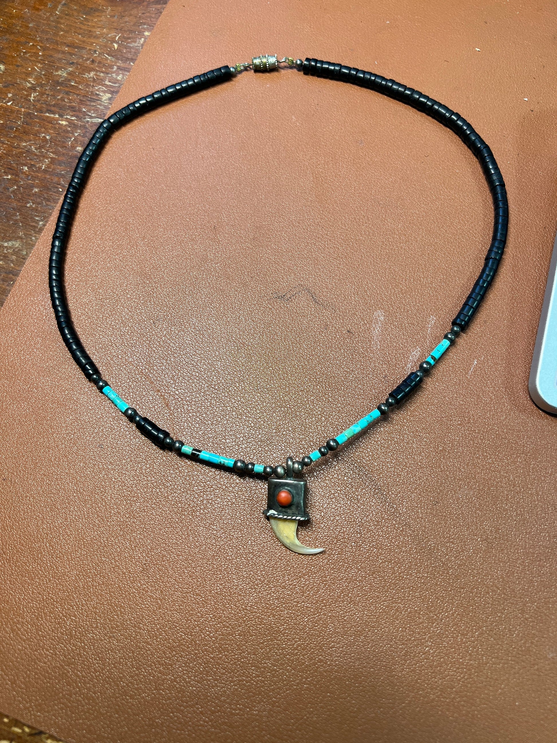 Native American Heishi Beaded Necklace with Claw, Turquoise, Sterling Silver, 19", Vintage (#6)