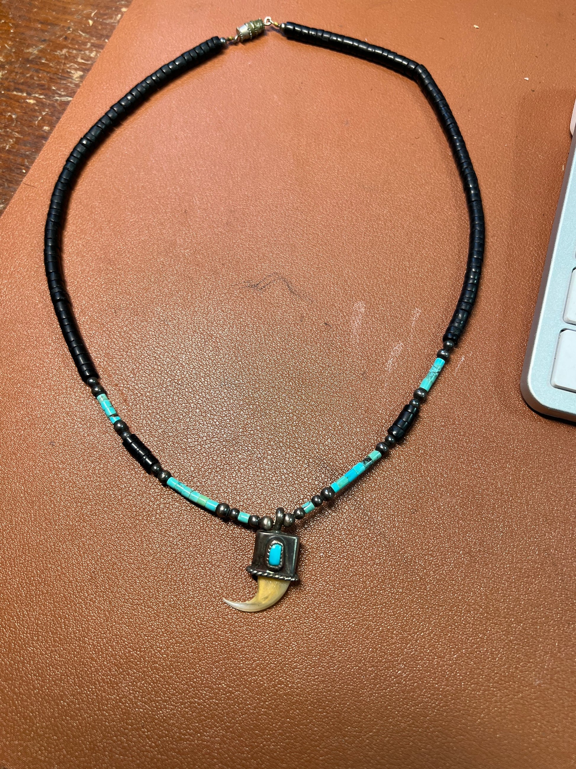 Native American Heishi Beaded Necklace with Claw, Turquoise, Sterling Silver, 19", Vintage (#6)