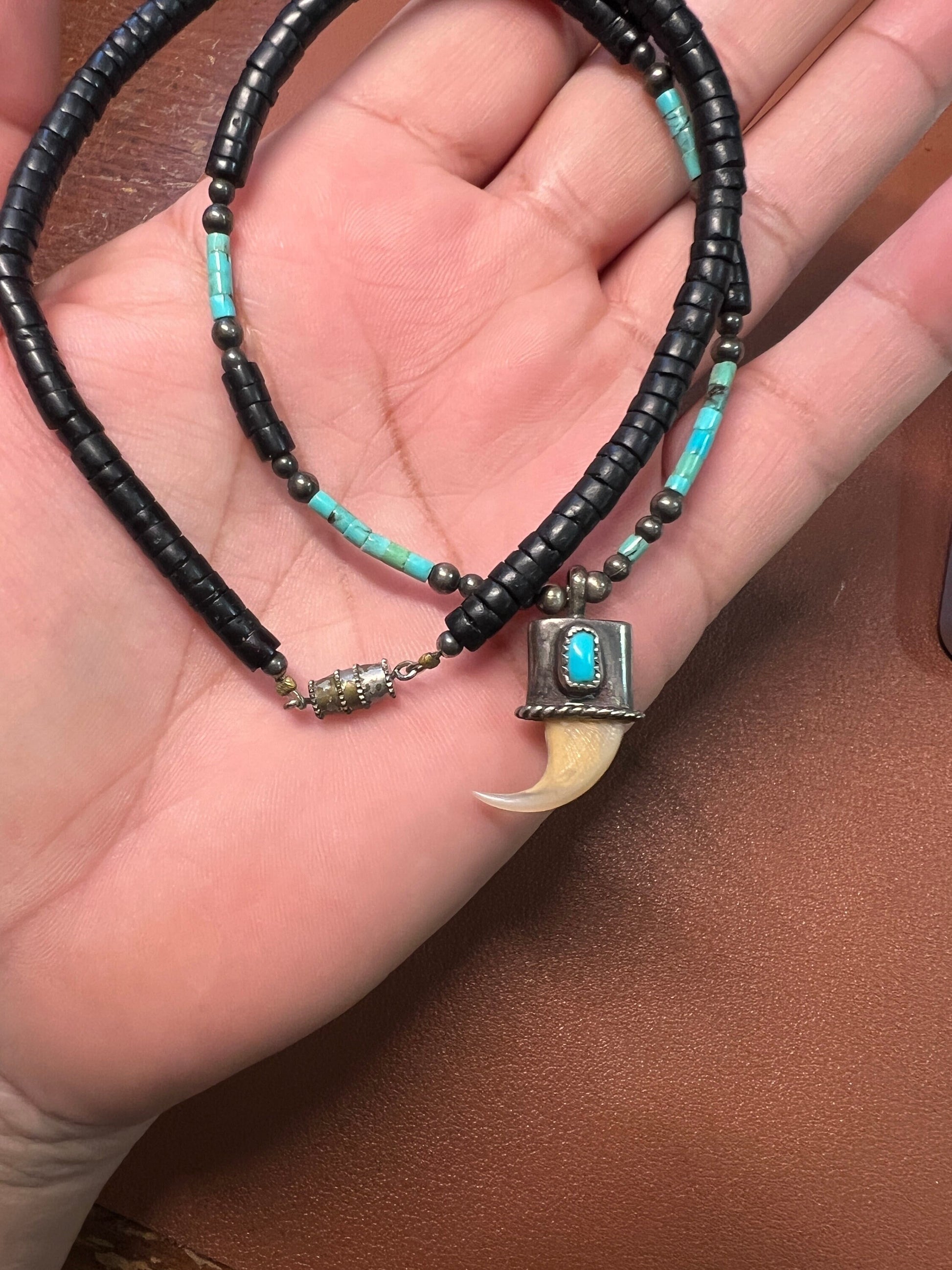 Native American Heishi Beaded Necklace with Claw, Turquoise, Sterling Silver, 19", Vintage (#6)