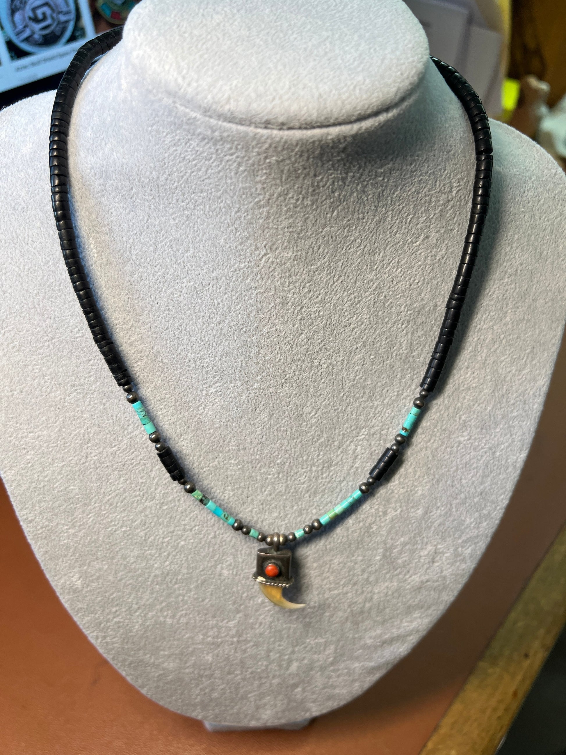 Native American Heishi Beaded Necklace with Claw, Turquoise, Sterling Silver, 19", Vintage (#6)