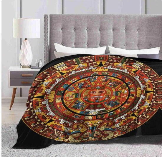 Colorful Aztec Calendar Blanket, Very Soft and Comfy, Mexica Tonatiuh Sun Face 80" x 70"