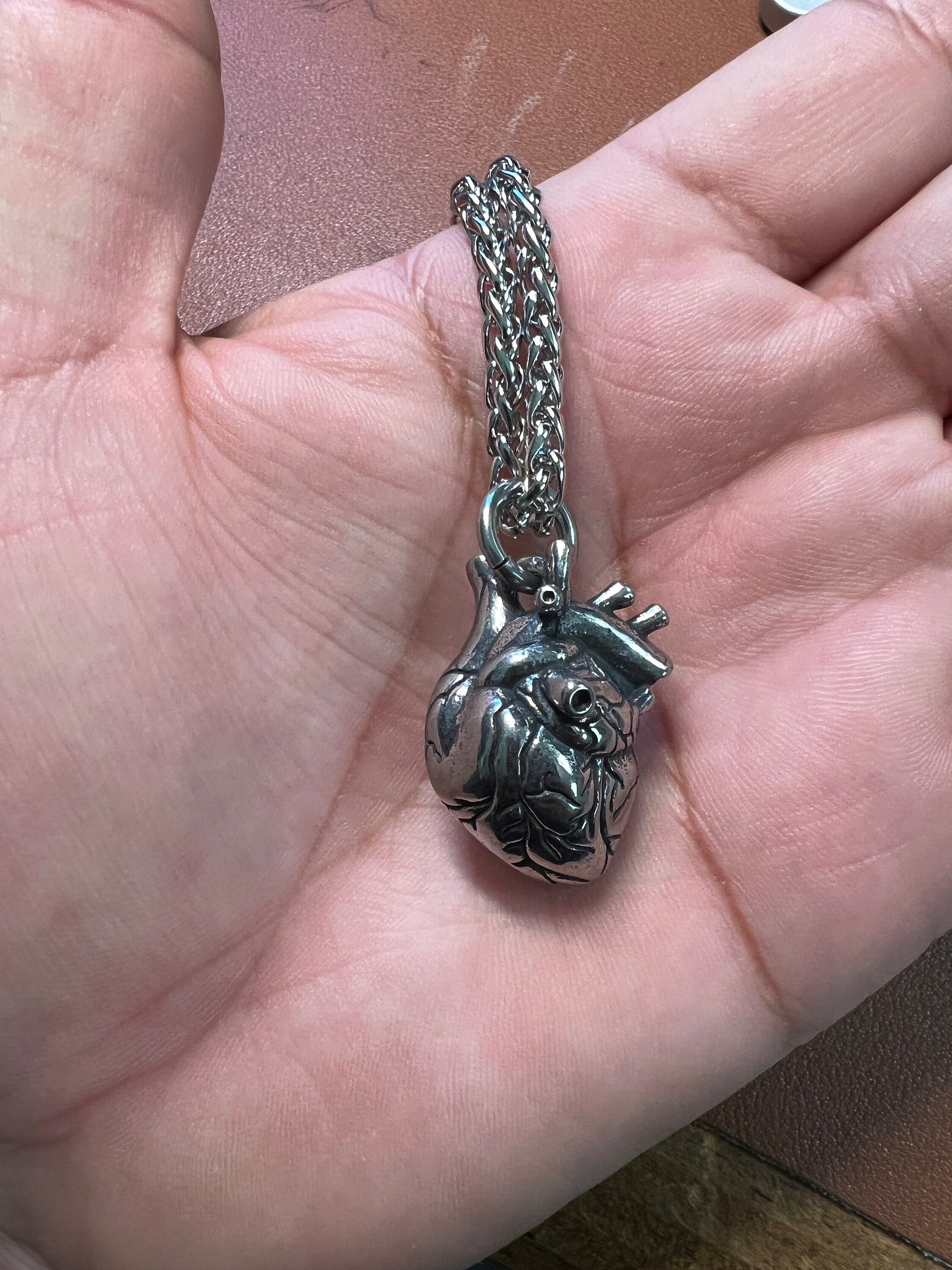 3D Heart Necklace, Heavy Alloy Metal, Ventricles, Silver tone, Aztec Heart 24" necklace (#6)