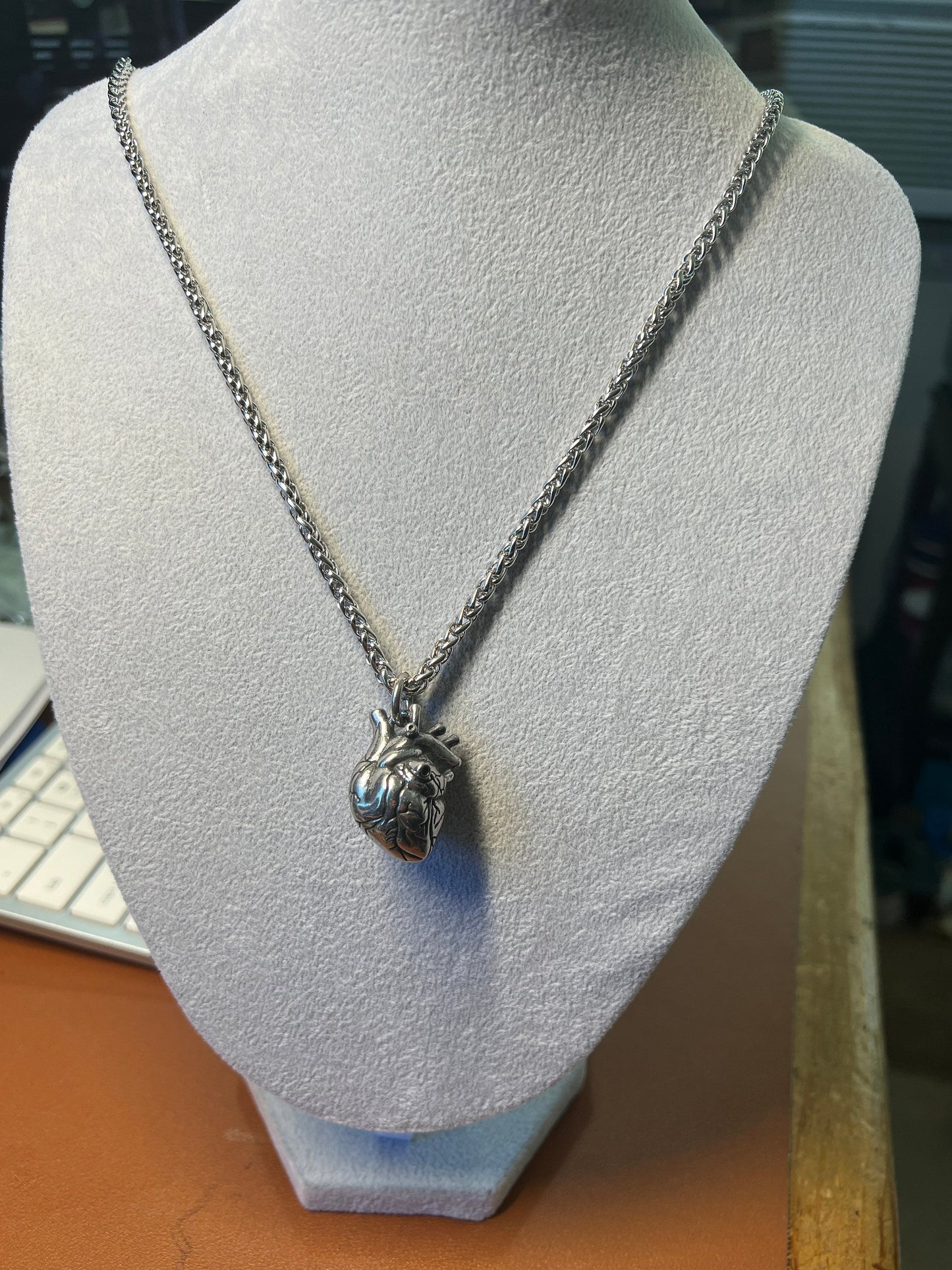 3D Heart Necklace, Heavy Alloy Metal, Ventricles, Silver tone, Aztec Heart 24" necklace (#6)