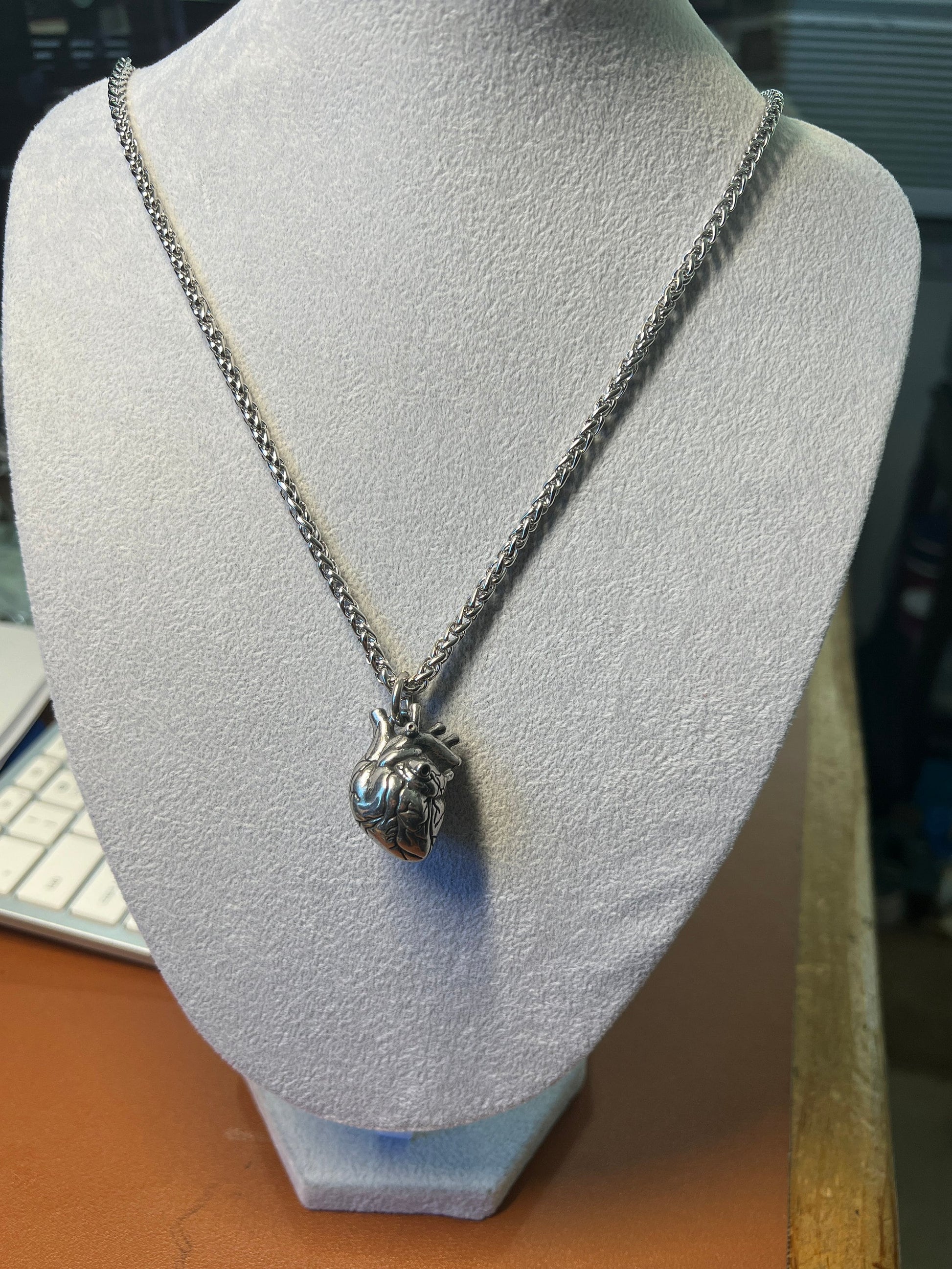 3D Heart Necklace, Heavy Alloy Metal, Ventricles, Silver tone, Aztec Heart 24" necklace (#6)