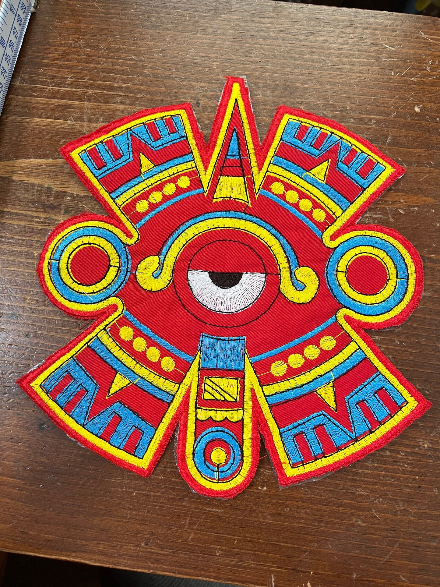 Large Ollin Nauhi Patch, Red, Movement, 9.5" x 8" Aztec Calendar Day Sign, Xolotl, Venus, Shape Shifter, Evening Star, Seeing Eye (#7)