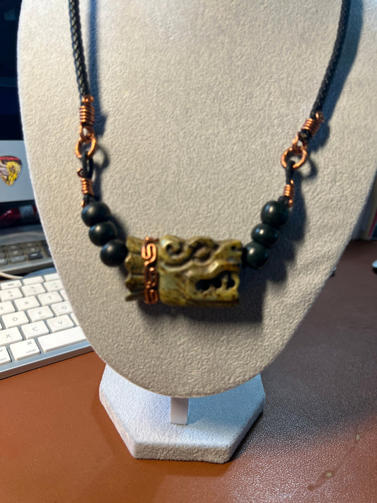 Jade Quetzalcoatl Feathered Serpent Necklace, Kukulkan Mayan Plumed Serpent Necklaces, 28", Mexica, Aztec, Mexico (#A)