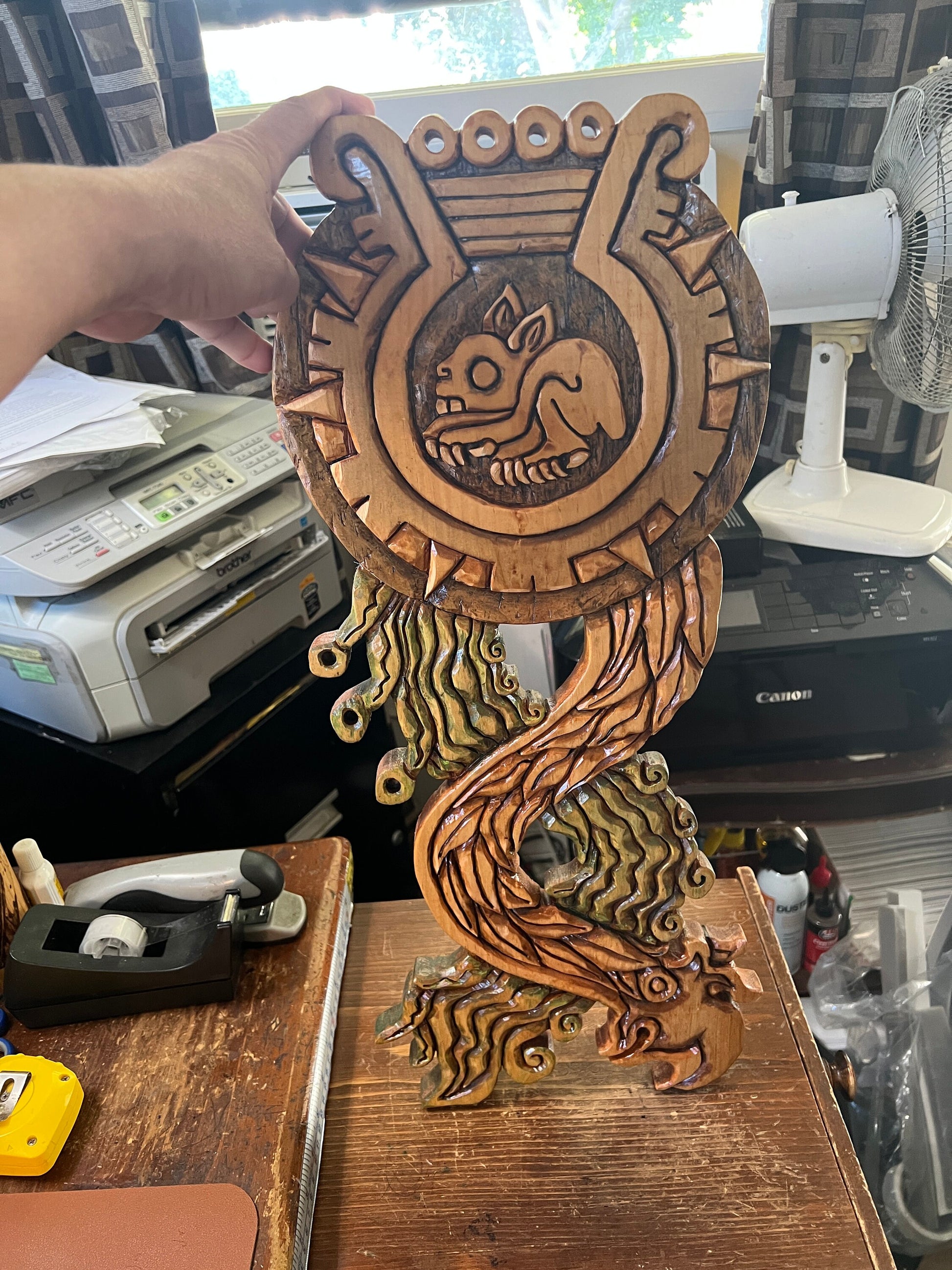 Tochtli Aztec Rabbit with Atl Tlachinolli (Water Fire, War) Symbol, Hand Carved 22.5" tall