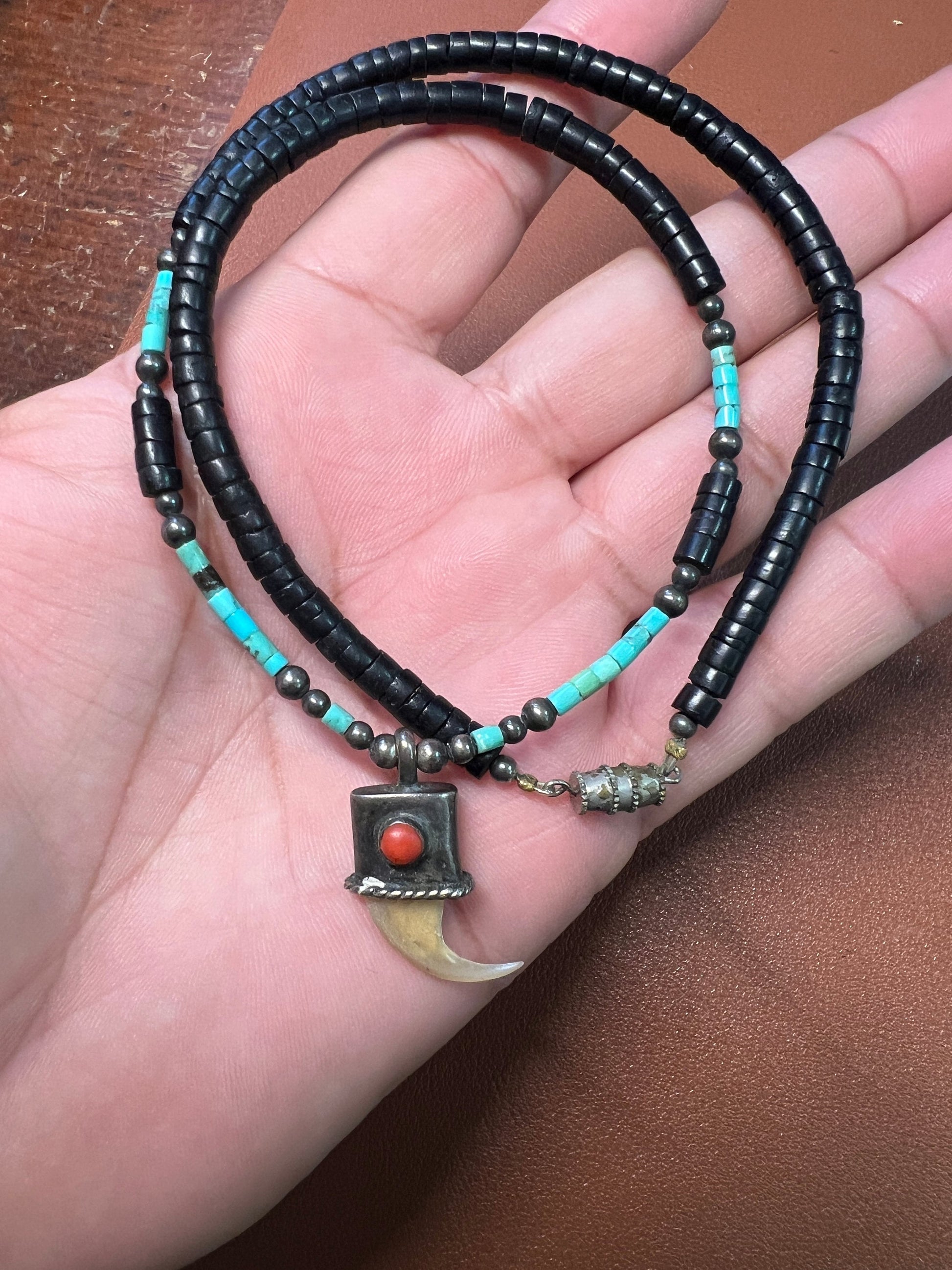 Native American Heishi Beaded Necklace with Claw, Turquoise, Sterling Silver, 19", Vintage (#6)