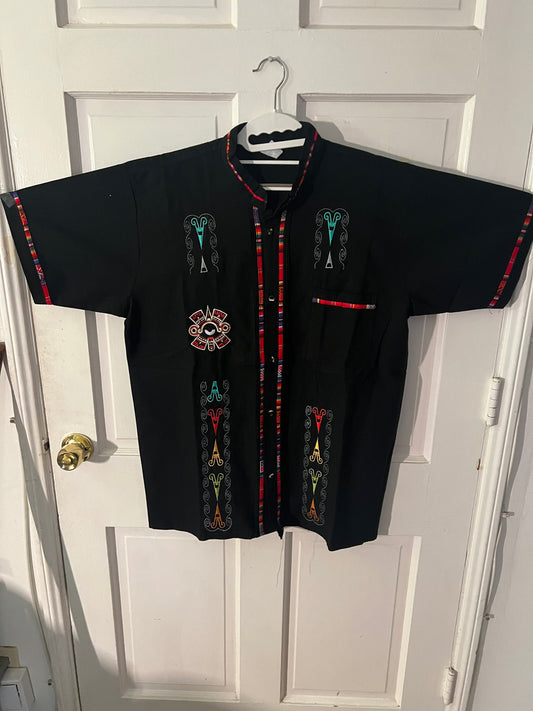 Aztec Embroidered T-Shirt from Mexico, Nahui Ollin, Black with Colorful Designs (Order 1 size up!)