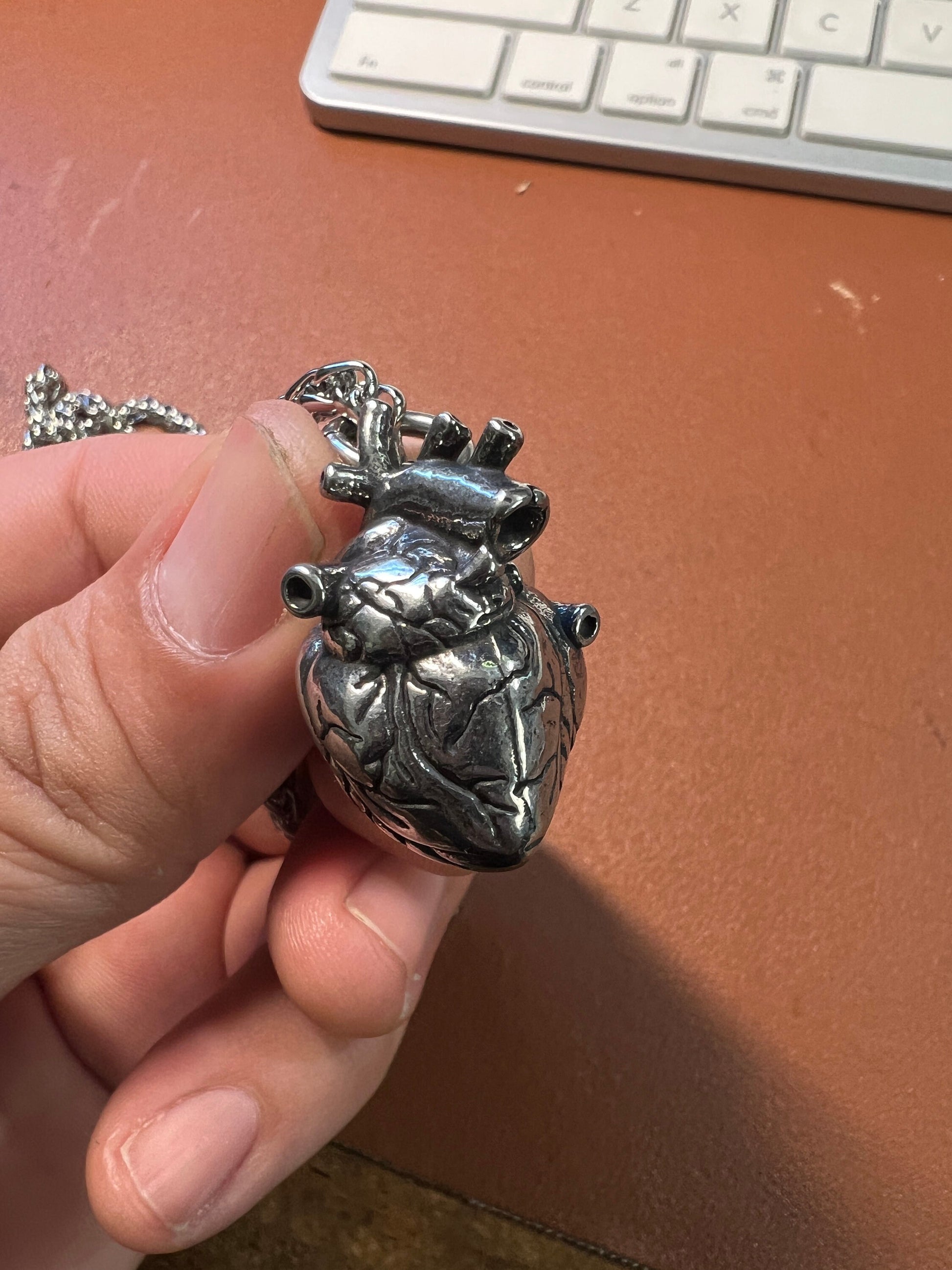 3D Heart Necklace, Heavy Alloy Metal, Ventricles, Silver tone, Aztec Heart 24" necklace (#6)
