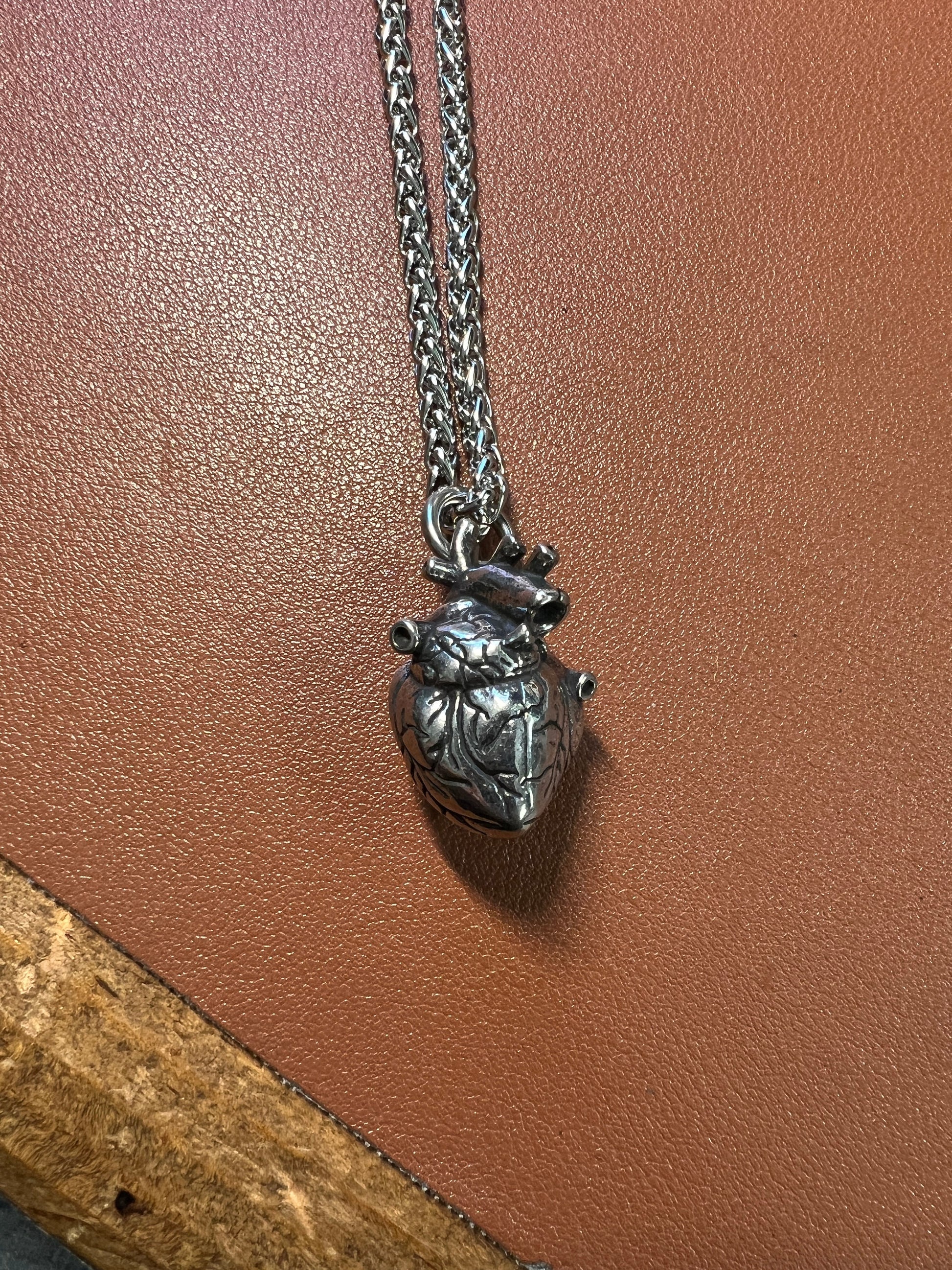 3D Heart Necklace, Heavy Alloy Metal, Ventricles, Silver tone, Aztec Heart 24" necklace (#6)