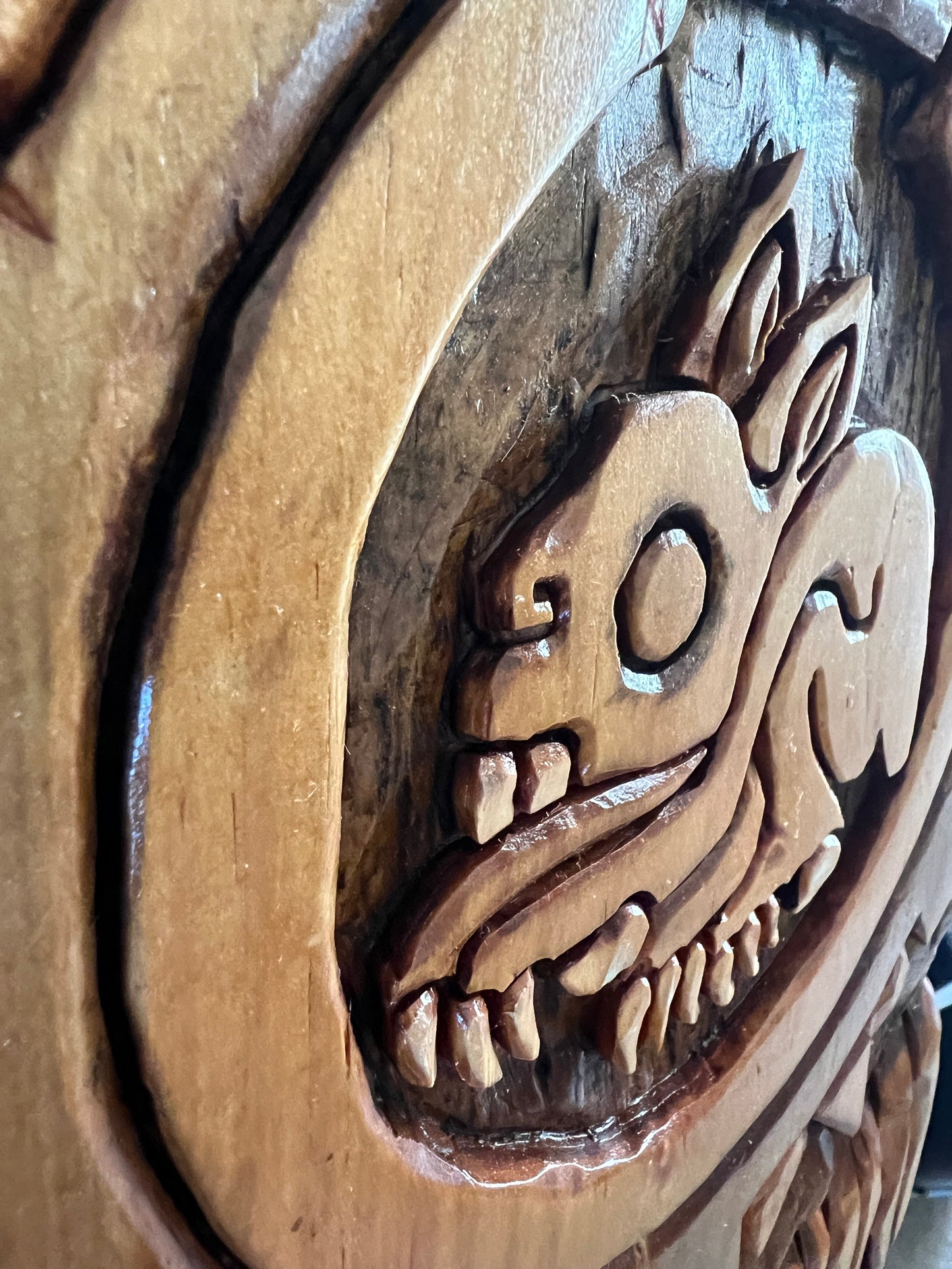 Tochtli Aztec Rabbit with Atl Tlachinolli (Water Fire, War) Symbol, Hand Carved 22.5" tall