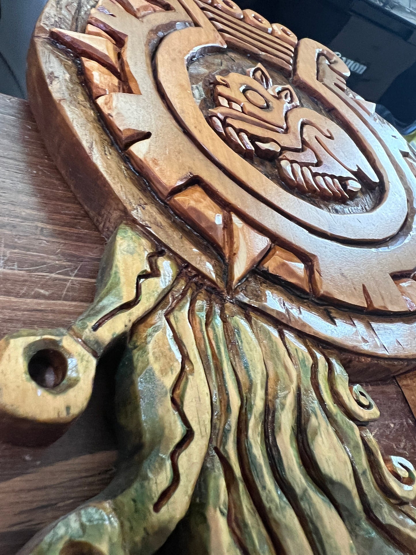 Tochtli Aztec Rabbit with Atl Tlachinolli (Water Fire, War) Symbol, Hand Carved 22.5" tall