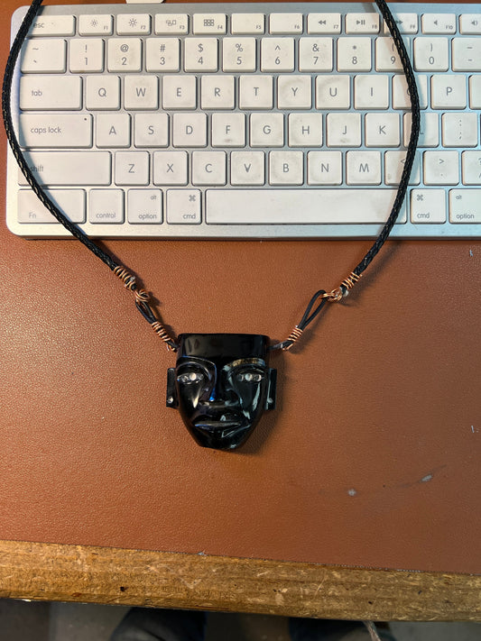 Black Gold Sheen Obsidian Mayan Mask Pendant Necklace with Braided Necklace and Copper Aluminum Bindings, (#A)