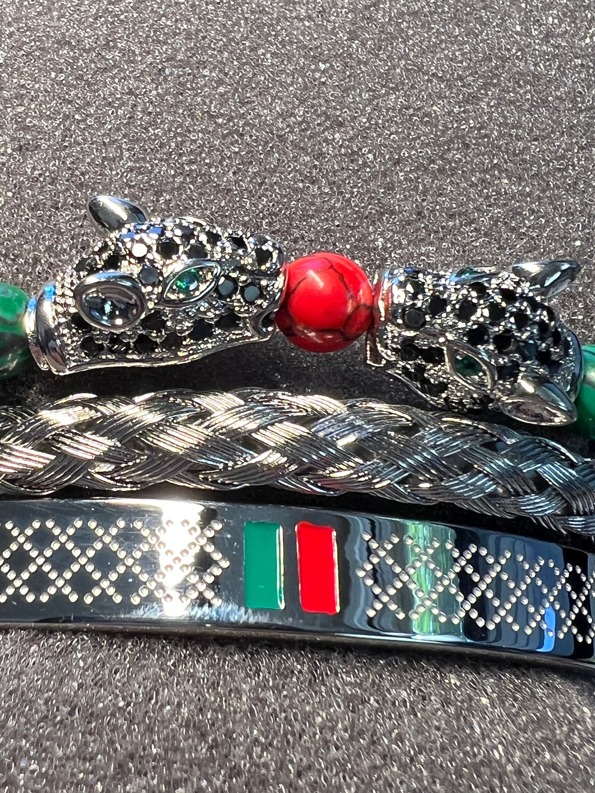 3 Stack Bracelets, Kissing Jaguars, Braided, Diamond Design Bangle, Silver Tone, Red and Green Color Embellishments (#8)