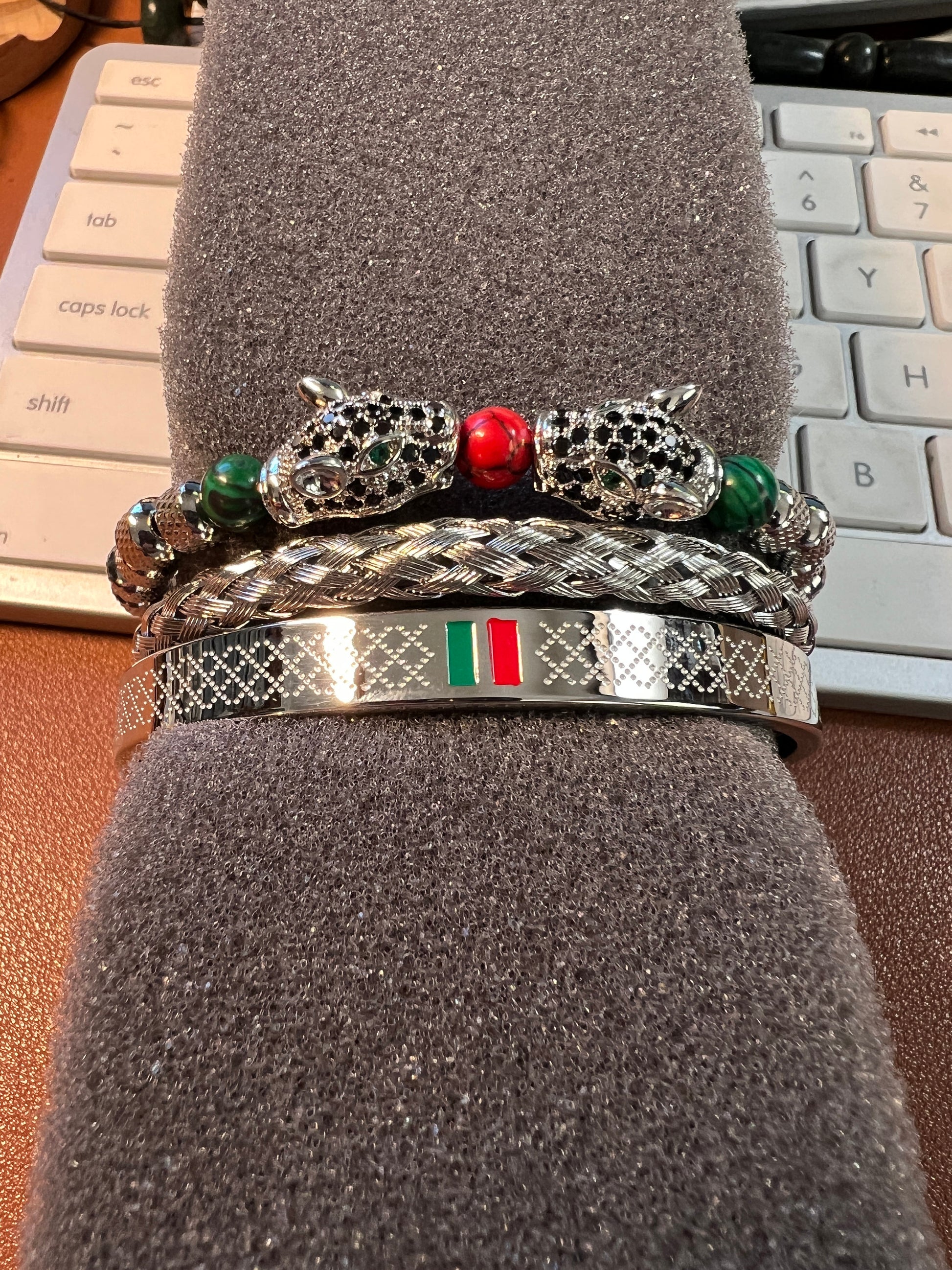 3 Stack Bracelets, Kissing Jaguars, Braided, Diamond Design Bangle, Silver Tone, Red and Green Color Embellishments (#8)