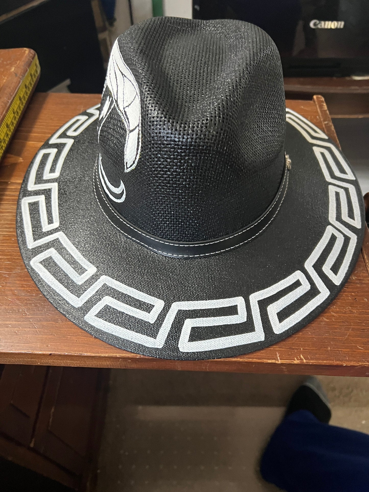 Hat, Eagle Warrior, Azteca Design, Hand Painted, Black Straw Hat, Mexico, Greka Design, Beach Hat