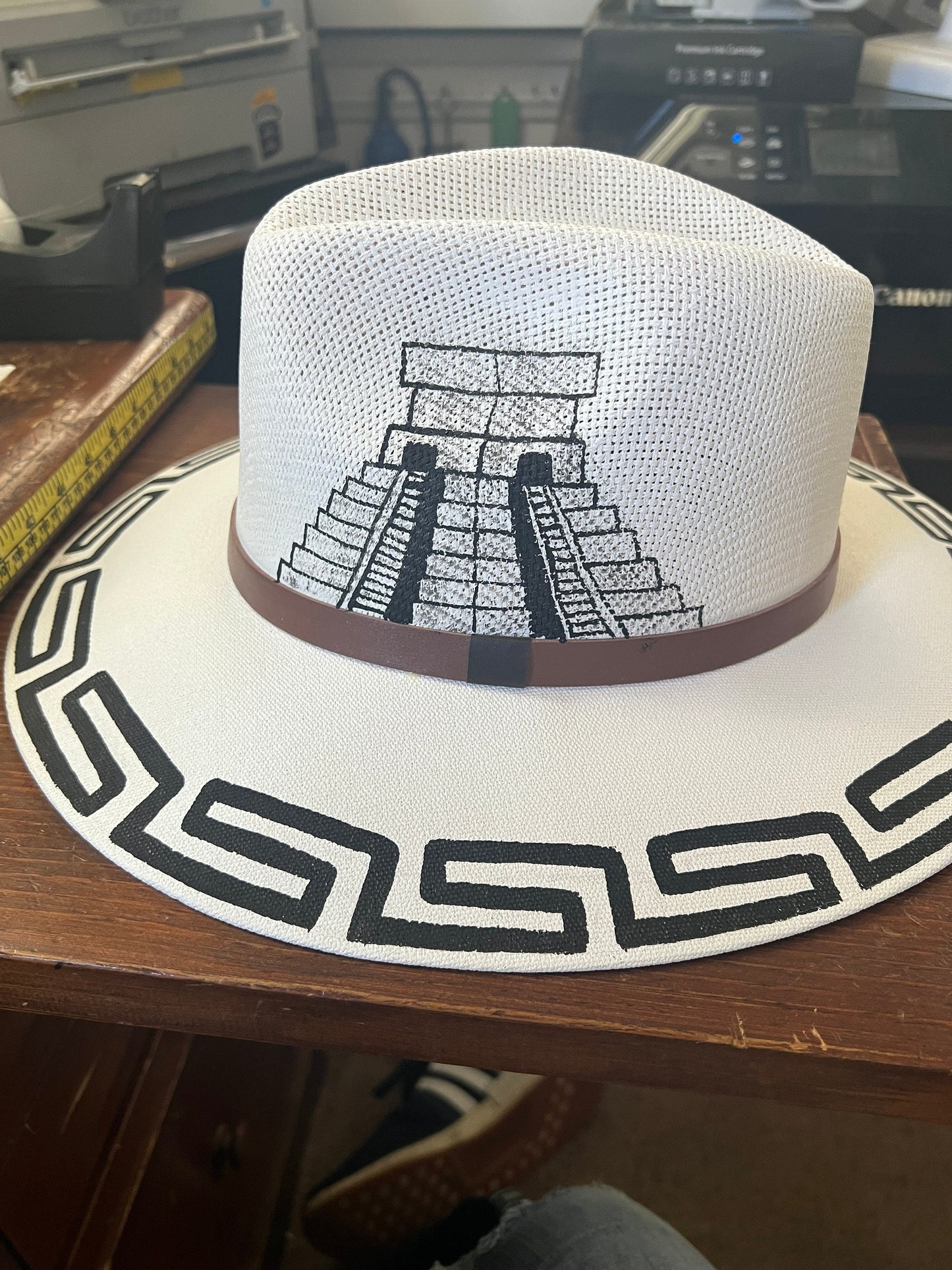 Hat, Straw Hat, Hand Painted, Beach Hat, Mayan Hats, Temple Pyramids, Chichen Itza, White Medium
