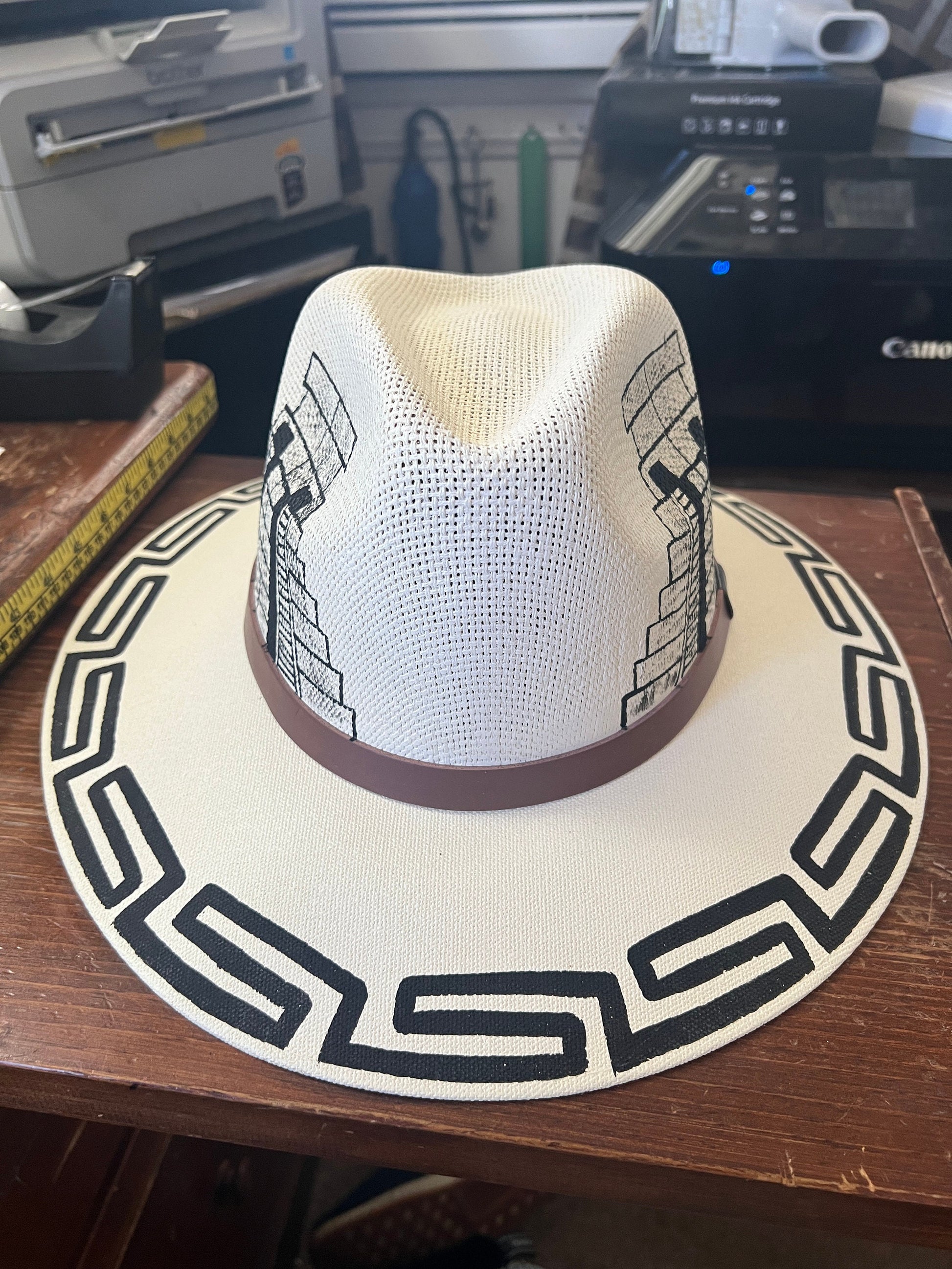 Hat, Straw Hat, Hand Painted, Beach Hat, Mayan Hats, Temple Pyramids, Chichen Itza, Off-White Large