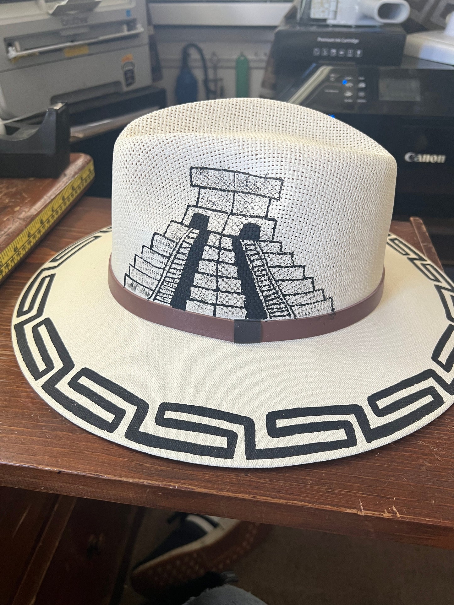 Hat, Straw Hat, Hand Painted, Beach Hat, Mayan Hats, Temple Pyramids, Chichen Itza, Off-White Large