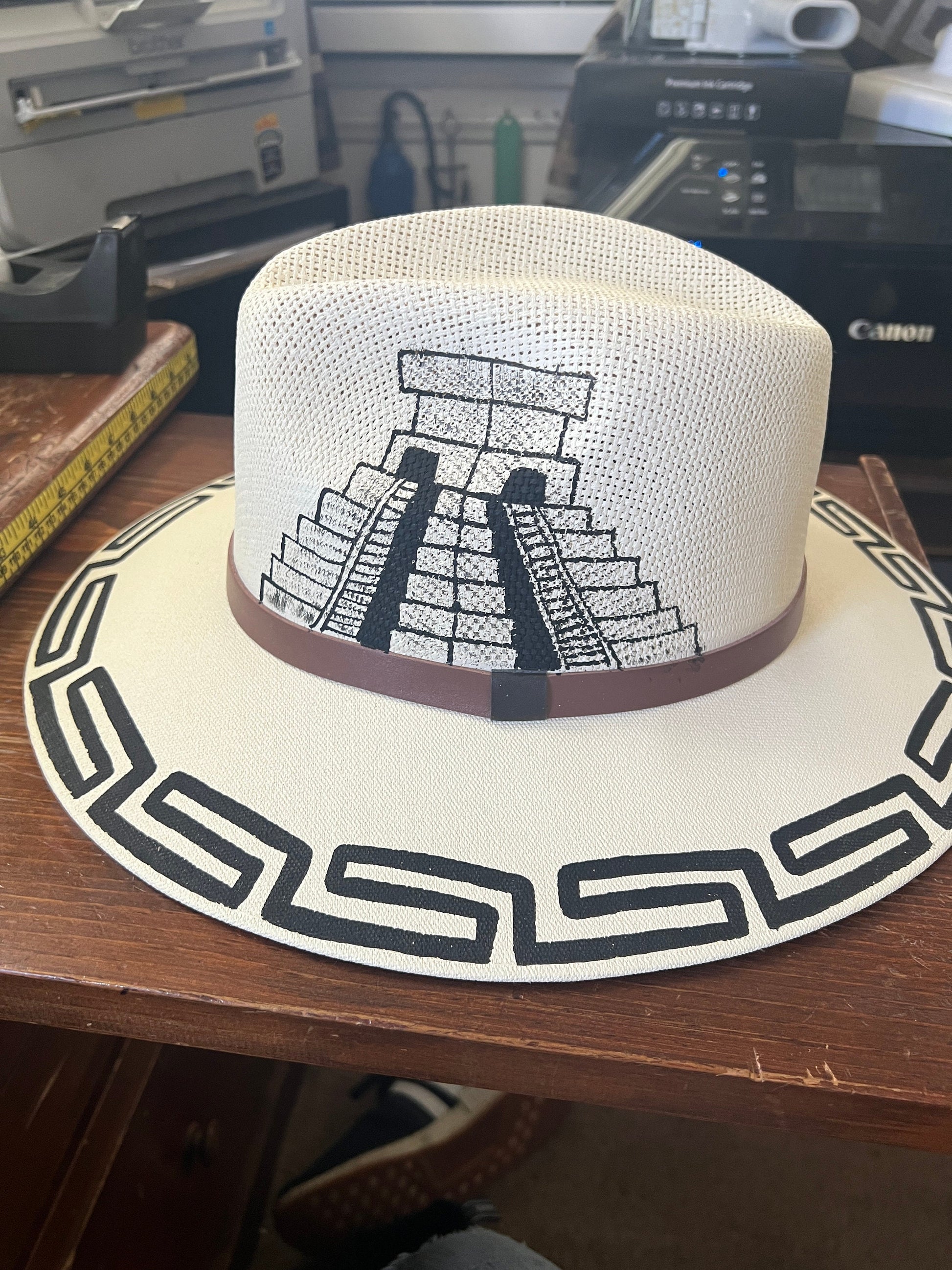 Hat, Straw Hat, Hand Painted, Beach Hat, Mayan Hats, Temple Pyramids, Chichen Itza, Off-White Large