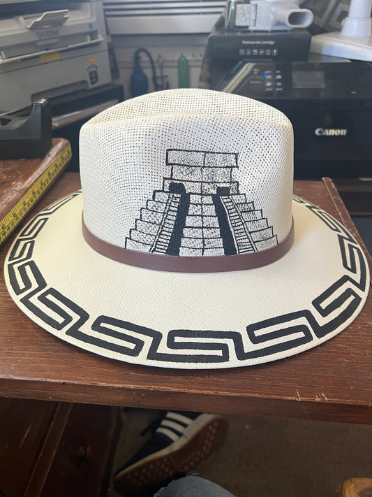 Hat, Straw Hat, Hand Painted, Beach Hat, Mayan Hats, Temple Pyramids, Chichen Itza, Off-White Large