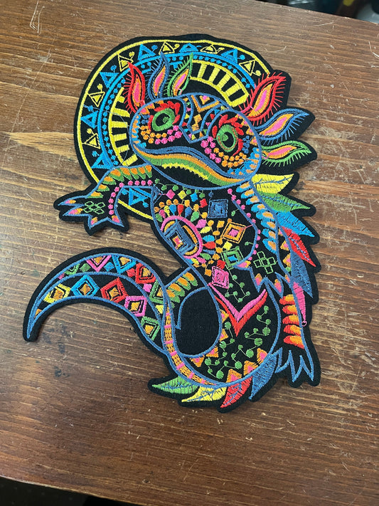 Axolotl Aztec Lizard Patch, iron on, 10", Mexica, Mexican, Indigenous, patches (#11)