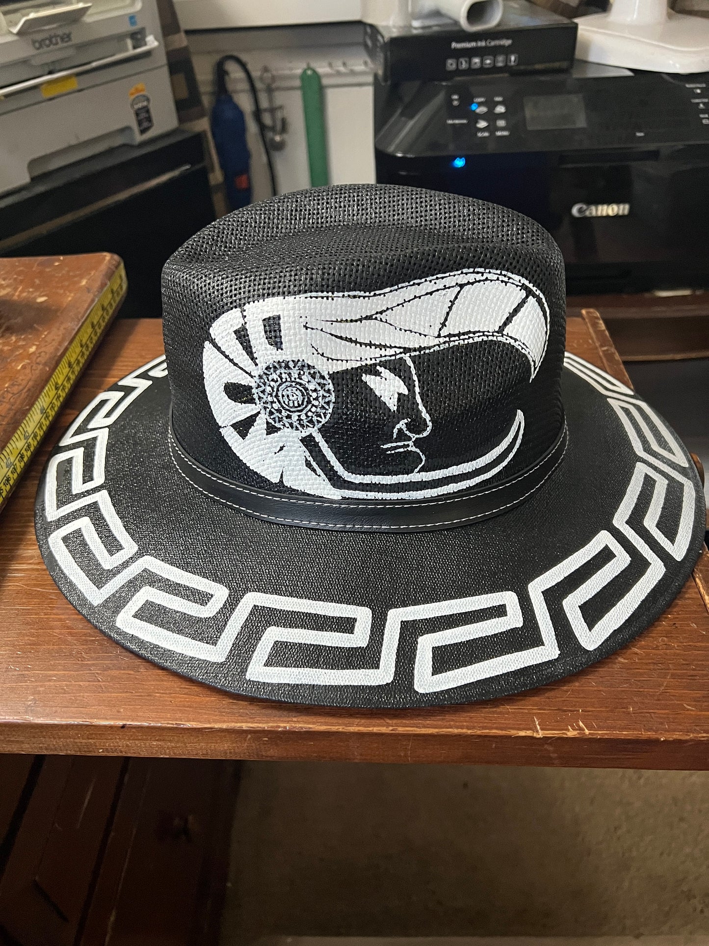 Hat, Eagle Warrior, Azteca Design, Hand Painted, Black Straw Hat, Mexico, Greka Design, Beach Hat