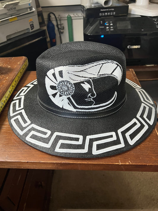 Hat, Eagle Warrior, Azteca Design, Hand Painted, Black Straw Hat, Mexico, Greka Design, Beach Hat